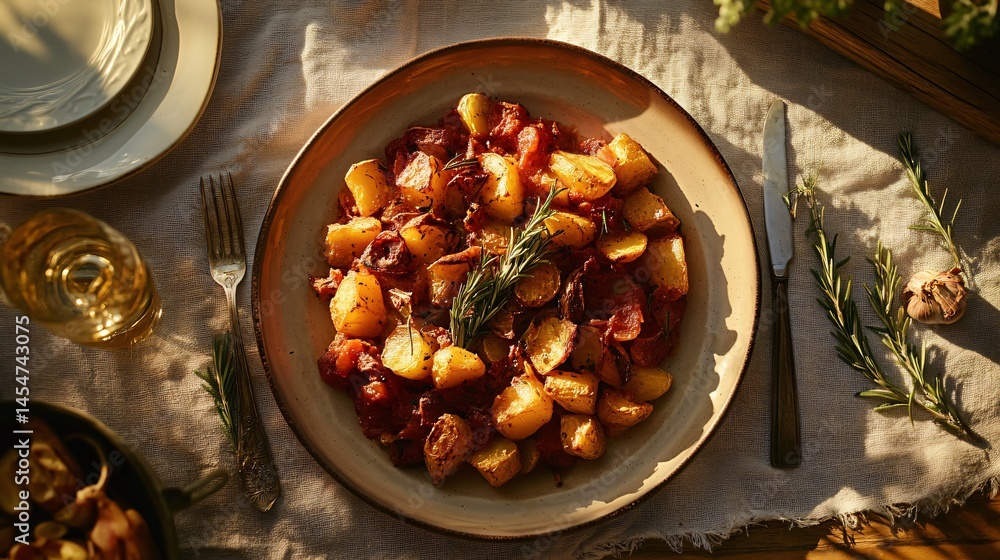 Rustic plate of Patatas Bravas with roasted garlic and rosemary, set on a linen-covered table with vintage cutlery