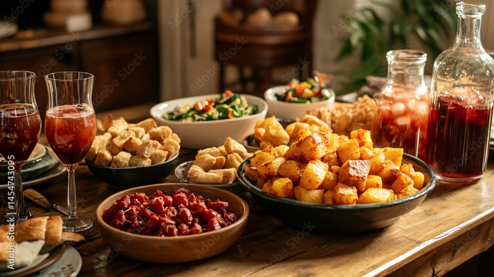Tapas table setup with multiple bowls of Patatas Bravas, surrounded by sangria glasses and traditional Spanish items