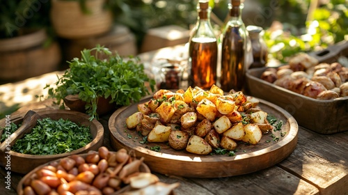 Rustic outdoor setting with Patatas Bravas served picnic-style, surrounded by chopped herbs and oil bottles