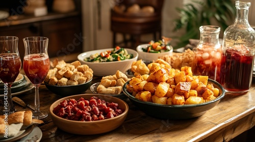Obraz na płótnie Tapas table setup with multiple bowls of Patatas Bravas, surrounded by sangria glasses and traditional Spanish items w salonie