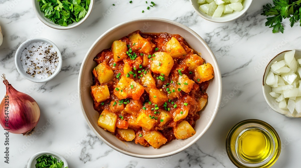Top-down view of Patatas Bravas garnished with chives, surrounded by fresh ingredients like olive oil, onions, and parsley on a marble counter