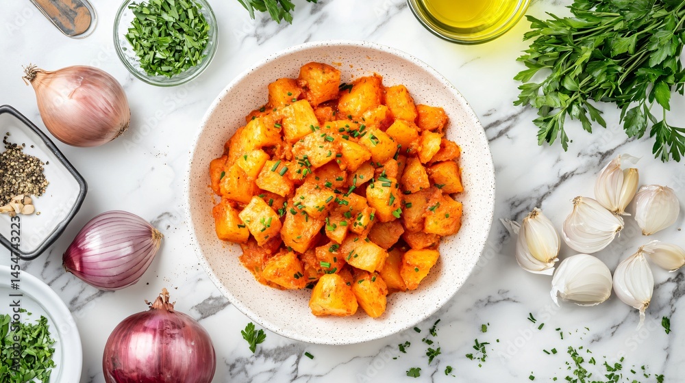 Top-down view of Patatas Bravas garnished with chives, surrounded by fresh ingredients like olive oil, onions, and parsley on a marble counter