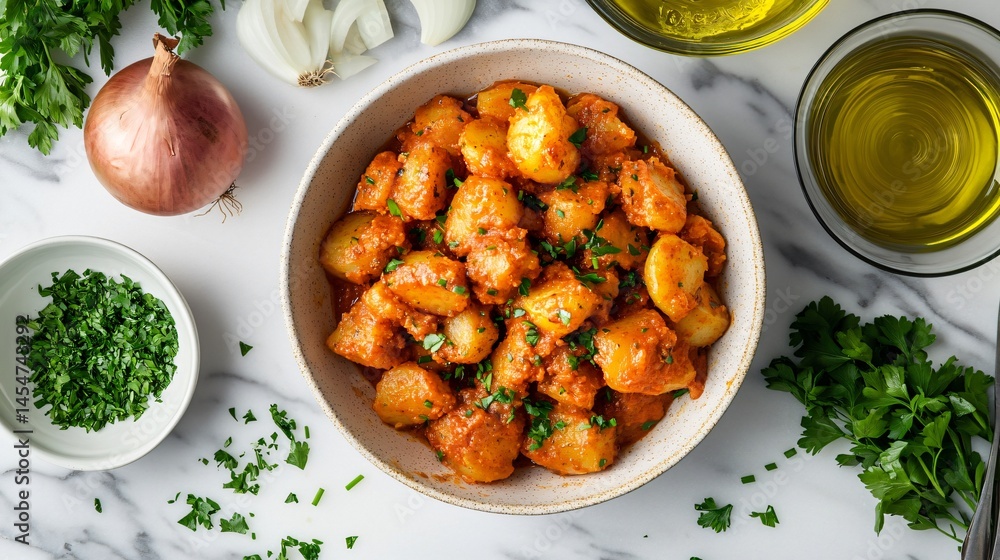 Top-down view of Patatas Bravas garnished with chives, surrounded by fresh ingredients like olive oil, onions, and parsley on a marble counter