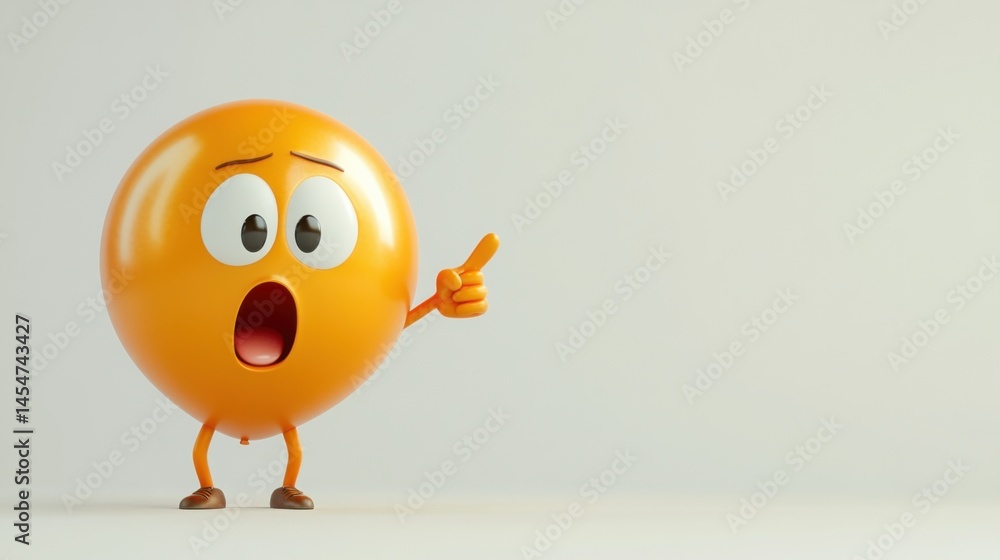 A cute 3D cartoon character with a balloon-like head, shocked expression, and finger pointing right with curiosity, plain white background with room for messaging A cute 3D cartoon character with a balloon-like head, shocked expression, and finger pointing right with curiosity, plain white background with room for messaging