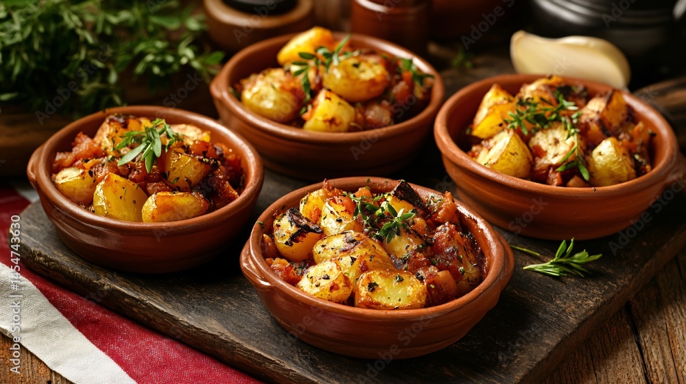 Traditional Spanish presentation of Patatas Bravas in terracotta tapas dishes, surrounded by Spanish flag-inspired garnishes