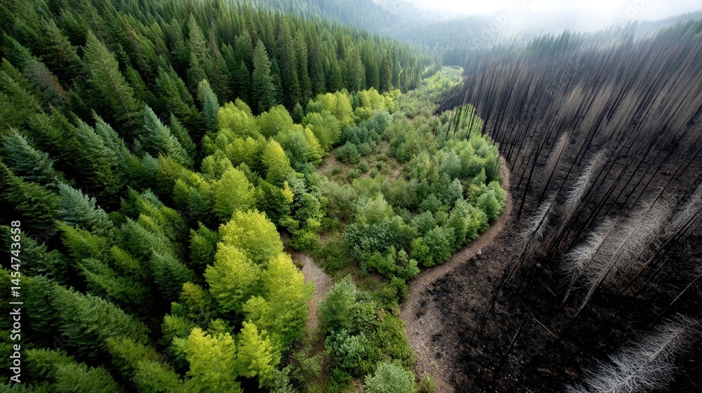 A lush forest area showing one half with vibrant healthy trees and the other half charred and blackened by recent wildfires illustrating the impact of rising temperatures.