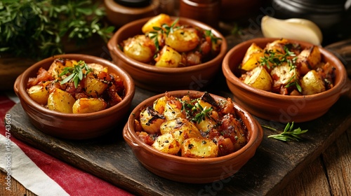 Obraz na płótnie Traditional Spanish presentation of Patatas Bravas in terracotta tapas dishes, surrounded by Spanish flag-inspired garnishes w salonie