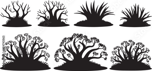 A vector illustration of decorative garden plant silhouettes featuring a set of bushes and bare bushes with some leaves on a white background
