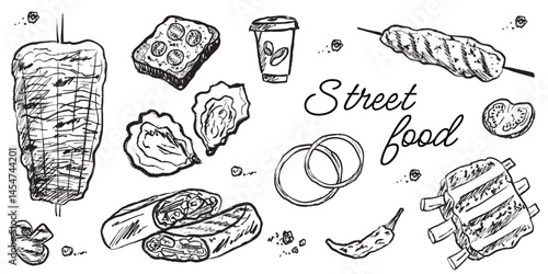 Street food - doner kebab, pita roll, coffee cup, oysters, onion, grill mushrooms, pepper in black brush stroke texture isolated on white. Hand drawn vector sketch illustration in vintage charcoal ink