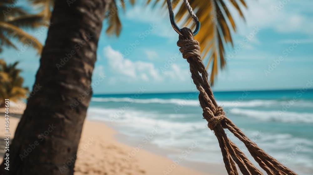 Close up of a hammock hook being tied to a palm tree, with sandy beach and ocean waves in the background