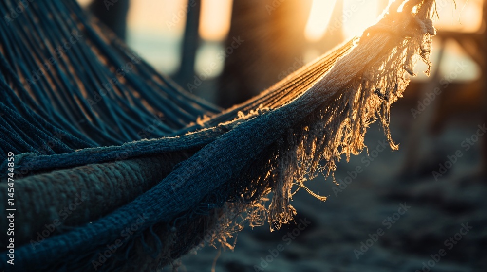 Close up of frayed edge of an old hammock, with dramatic sunlight casting nostalgic tones