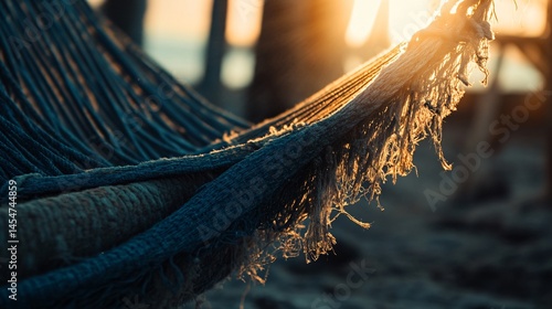 Obraz na płótnie Close up of frayed edge of an old hammock, with dramatic sunlight casting nostalgic tones w salonie