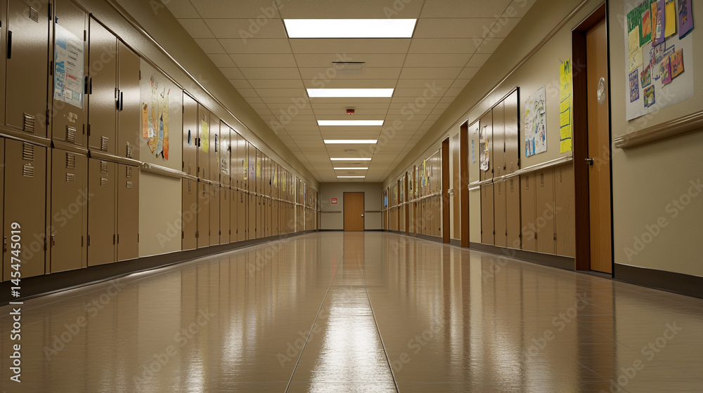 Fototapeta premium Empty School Corridor Lockers Posters Education Interior