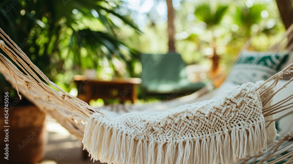 Close up of hammock edge with fringe gently blowing in wind, vintage chair and plant in background
