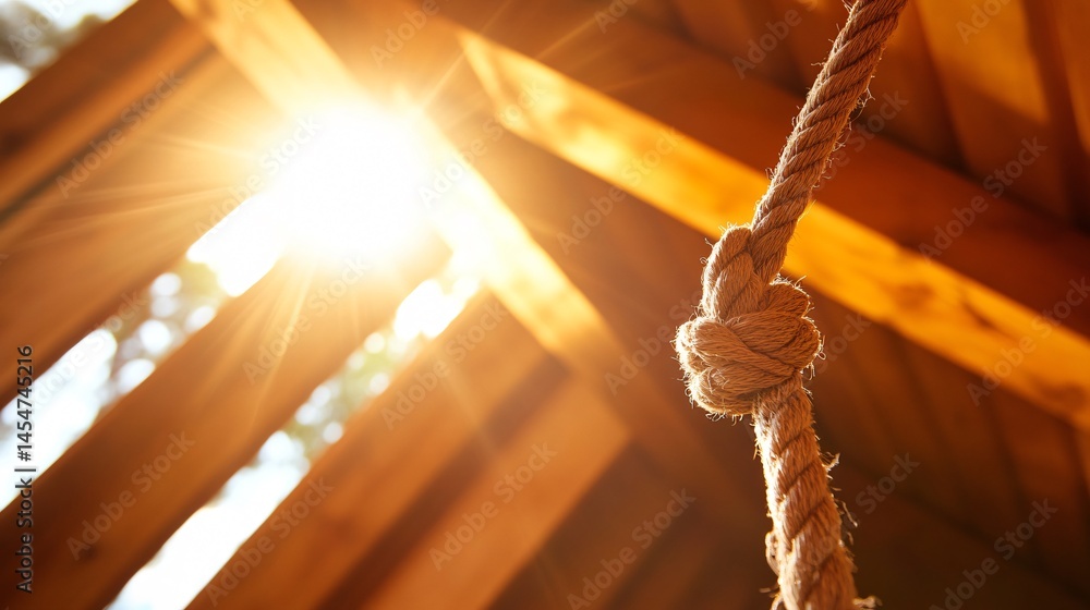 Close up of hammock hook tied to a wooden ceiling beam, sunlight pouring in from open window