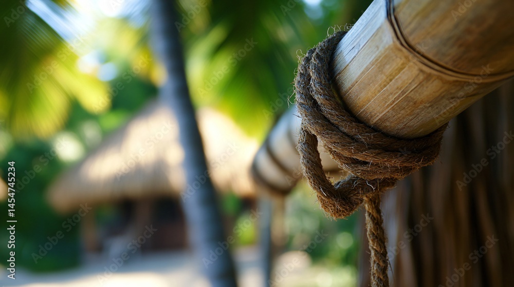 Close up of hammock end looped on bamboo post, tiki hut and palm fronds blurred behind