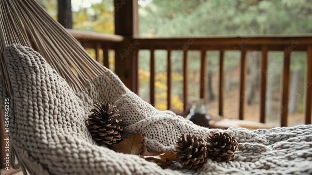 Close up of hammock in cabin porch setting, pine cones and nature objects scattered around