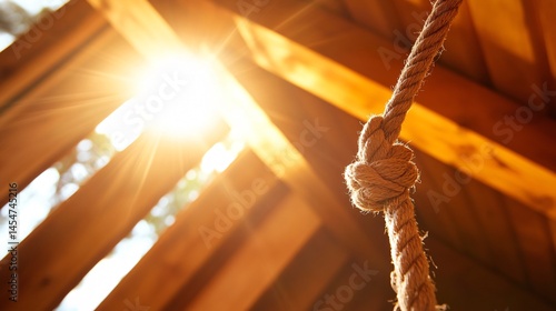 Obraz na płótnie Close up of hammock hook tied to a wooden ceiling beam, sunlight pouring in from open window w salonie