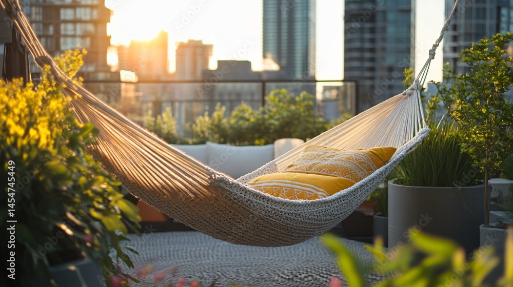 Close up of hammock in rooftop garden with modern decor, city skyline in the soft background