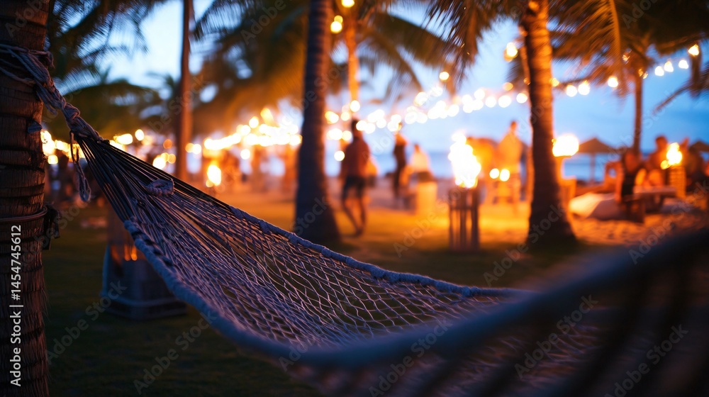 Close up of hammock mesh stretched between palm trees, tiki torches and beach party in background