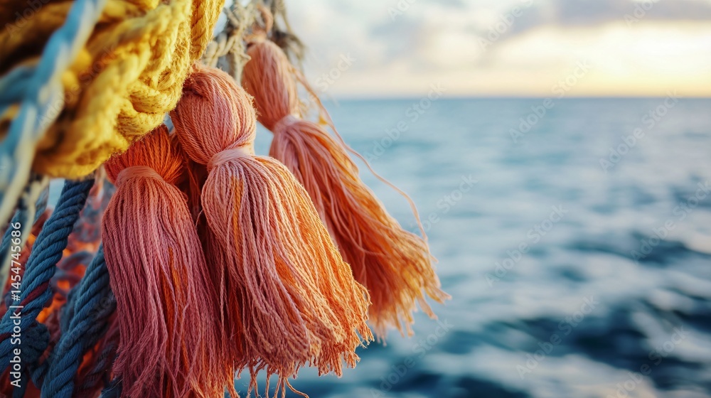 Close up of hammock tassels blowing near seaside breeze, blurred ocean horizon in backdrop