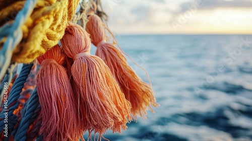Obraz na płótnie Close up of hammock tassels blowing near seaside breeze, blurred ocean horizon in backdrop w salonie