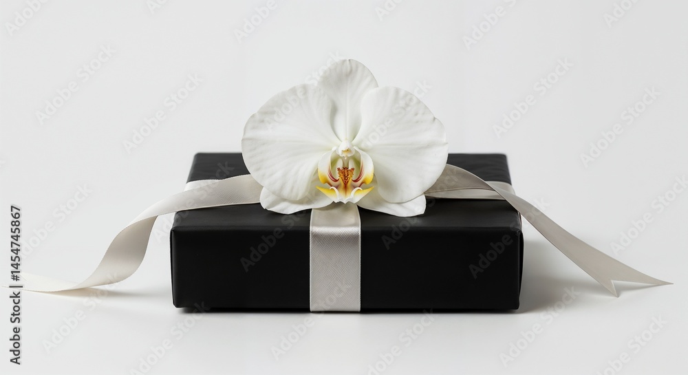 Elegant black gift box with white orchid flower and satin ribbon on neutral background