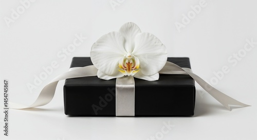 Elegant black gift box with white orchid flower and satin ribbon on neutral background