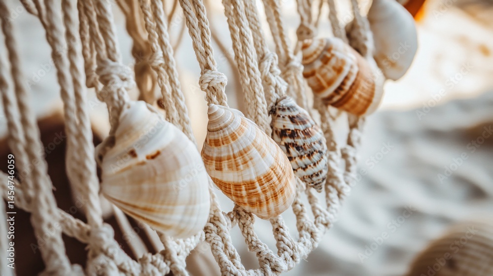 Close up of handmade hammock details with shells and beads woven in, beachy boho vibe