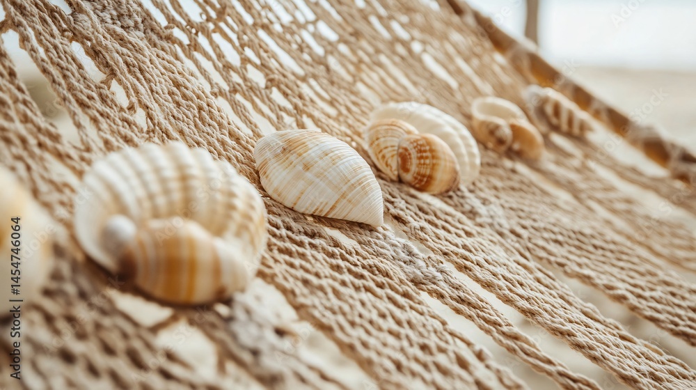 Close up of handmade hammock details with shells and beads woven in, beachy boho vibe