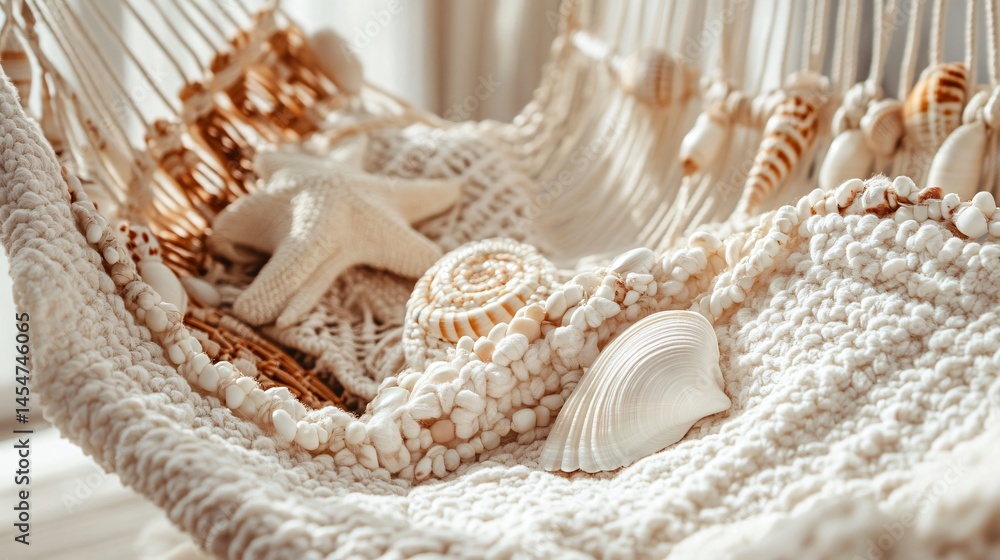 Close up of handmade hammock details with shells and beads woven in, beachy boho vibe