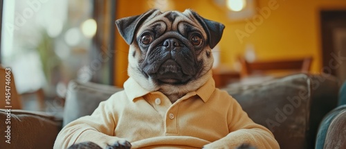 Anthropomorphic pug wearing polo shirt poses indoors, sitting on a sofa with a confident expression.