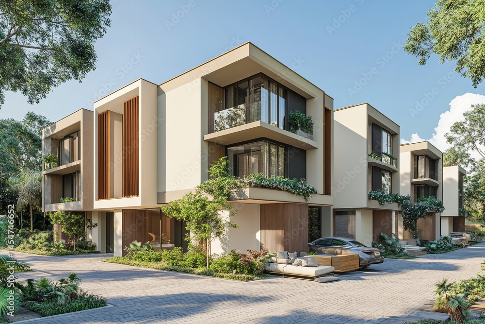 Fototapeta premium Modern Architectural Design Luxury Townhouses with Private Gardens