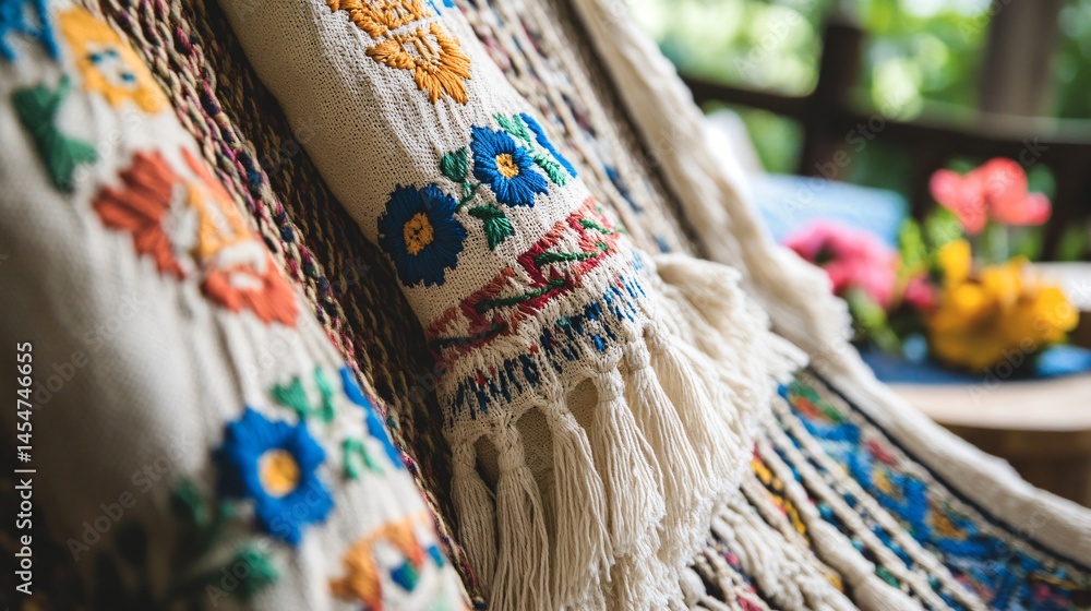 Detailed look at hammock texture with embroidery patterns, summer picnic elements in background