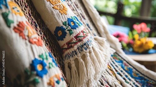 Detailed look at hammock texture with embroidery patterns, summer picnic elements in background