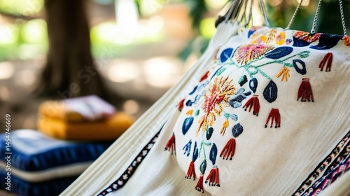 Detailed look at hammock texture with embroidery patterns, summer picnic elements in background