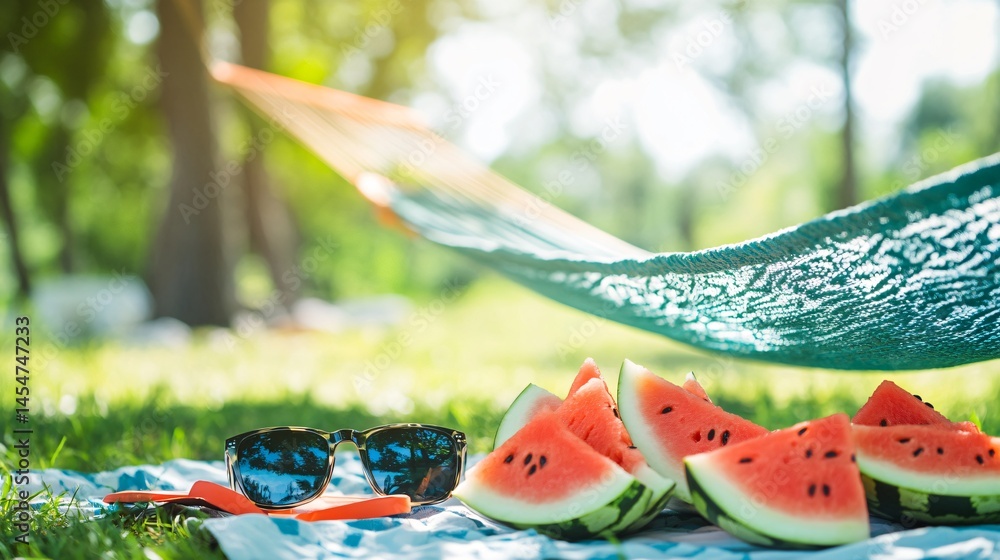 Hammock laid out with watermelon slices, sunglasses, and flip-flops nearby, viewed in close up