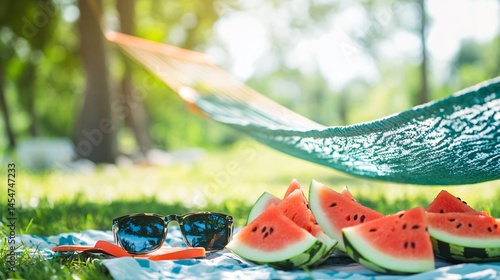 Obraz na płótnie Hammock laid out with watermelon slices, sunglasses, and flip-flops nearby, viewed in close up w salonie