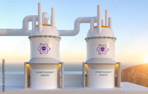 concept of a SMR small modular nuclear reactor power plant on a sunny day. SMR is a future energy concept. 3d rendering.
