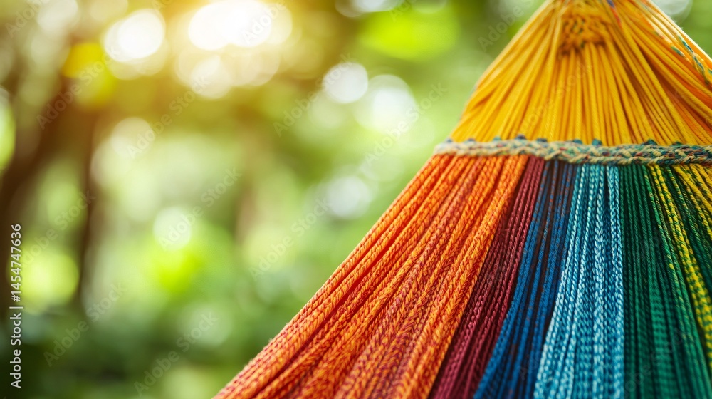 Macro shot of colorful woven threads of a hammock, bright daylight with green jungle backdrop
