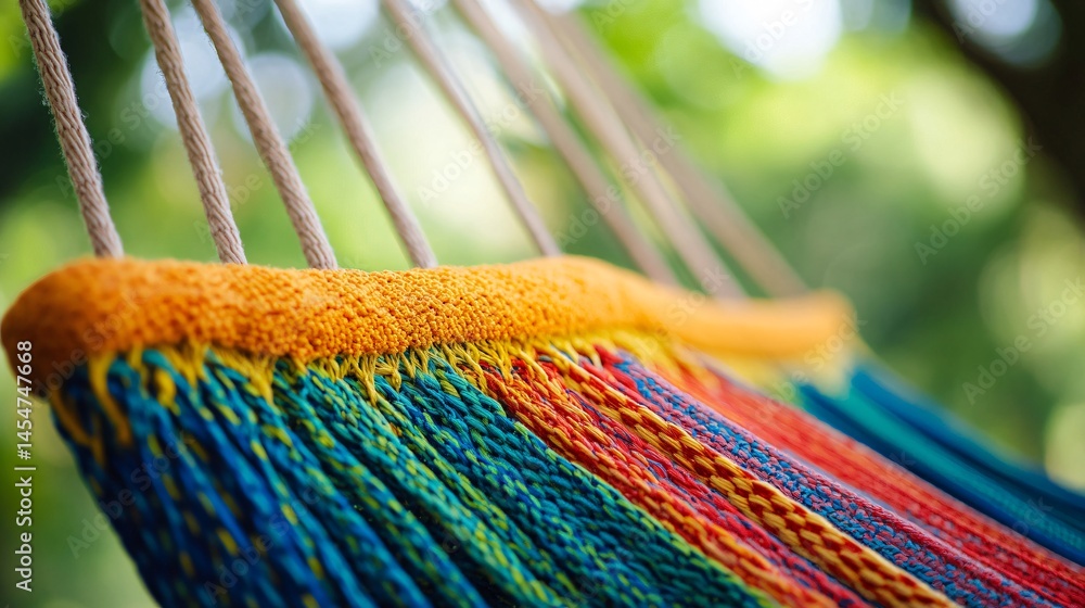 Macro shot of colorful woven threads of a hammock, bright daylight with green jungle backdrop