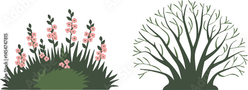 A vector illustration of a white background with a set of bush and bare bush decorative garden plants silhouettes featuring multiple bushes with varying shapes and sizes, some with leaves