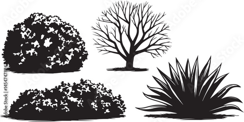 A vector illustration of a white background with a set of bush and bare bush decorative garden plants silhouettes featuring multiple bushes with varying shapes and sizes, some with leaves