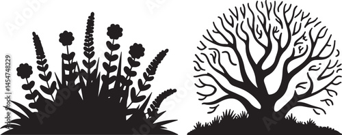 A vector illustration of a white background with a set of bush and bare bush decorative garden plants silhouettes featuring multiple bushes with varying shapes and sizes, some with leaves