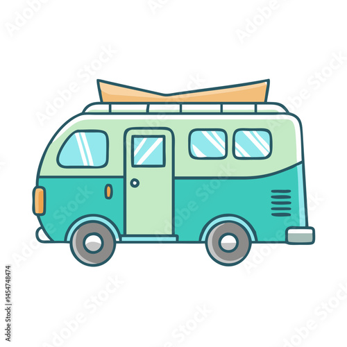 Retro camper van vector illustration for travel and adventure with surfboard on top for summer vibes