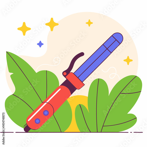 Vector illustration of curling iron with vibrant colors surrounded by decorative leaves on light background
