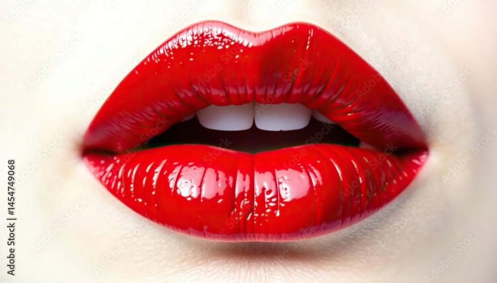 Obraz premium Close-up vibrant red lips, stark white backdrop, glamour, macro, close-up