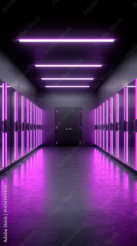 Fototapeta premium Purple Neon Lights Mirror Hallway 8K Interior Design Futuristic Corridor Abstract Backg