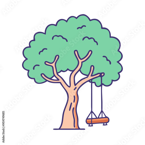 Illustration of a tree with a swing for children in a park or garden for relaxation
