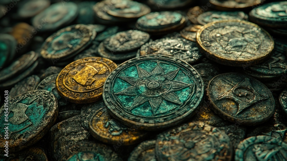 Obraz premium Ancient coins, weathered and layered